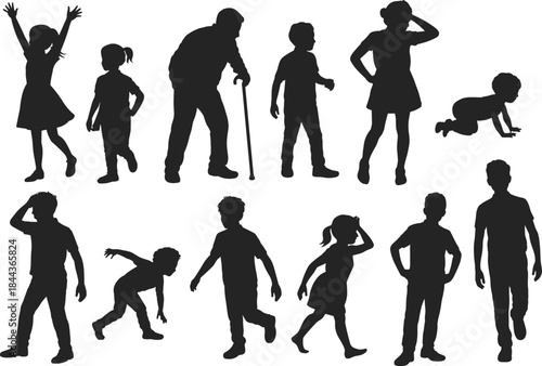 Human life cycle silhouettes, from baby crawling to child, adult, and elderly stages, people growth, aging, development, family, generation concept
