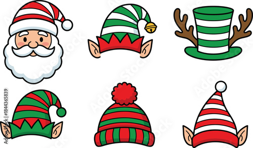 Christmas cartoon headwear, Santa striped hat, elf ears, reindeer antlers, festive costume, holiday clipart, winter accessory, vector illustration