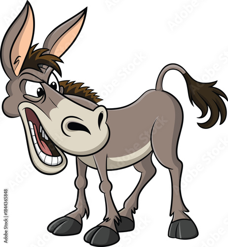Funny donkey cartoon illustration, smiling farm animal character with expressive face, cute humorous mule vector isolated on white background