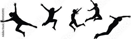 Jumping people silhouettes set showing energetic motion freedom joy active lifestyle human action poses isolated on white background