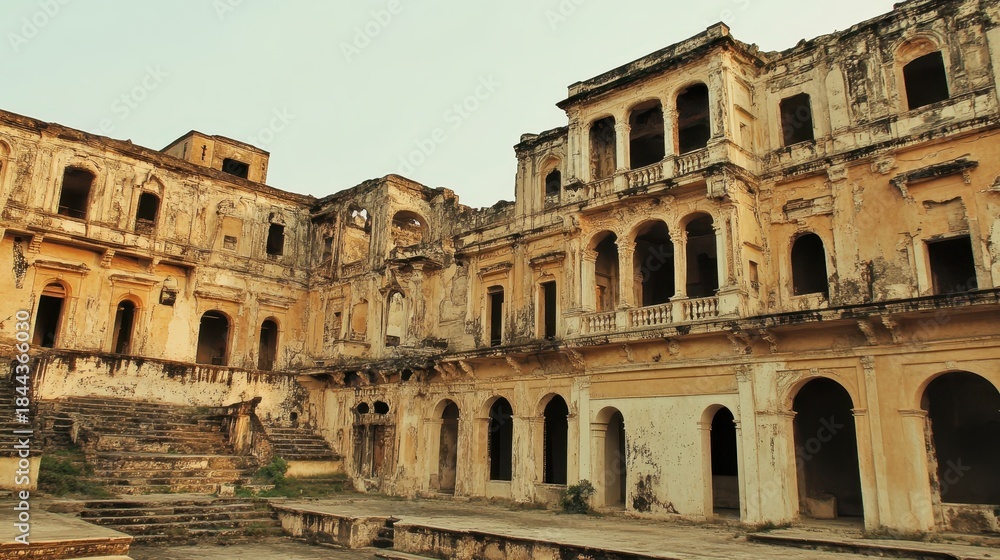 Fototapeta premium Intricately carved facade of an ancient decaying palace with ornate balconies and crumbling walls