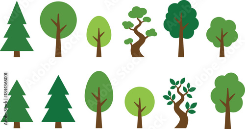 Stylized tree illustration set, cartoon foliage, diverse trunk shapes, forest vector icons, nature clipart, playful tree design elements