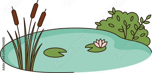 Cute pond landscape illustration with reeds water lily and bushes peaceful nature scene isolated on white background vector design