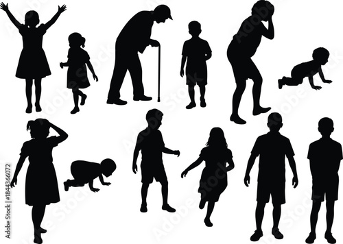 Human life cycle silhouette collection showing baby, child, adult, and elderly people stages, growth, aging process, family generation concept