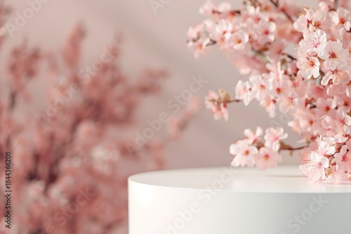 White podium holds pastel pink spring blossoms beside a soft pink wall. Blossoms show delicate details in bright light. The scene captures early spring freshness and nature