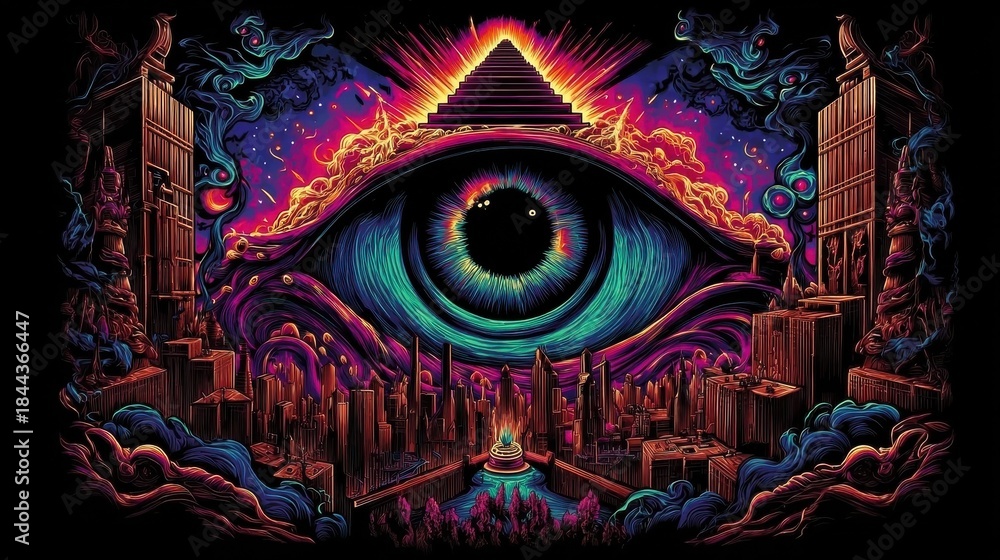 Obraz premium Trippy and magical background with mushrooms and tunnel in vibrant 3D, great for social media content for alternative culture, video game environments, or projects about inner vision and transformatio