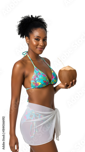 Young woman in a bikini holding a refreshing coconut drink on a white background