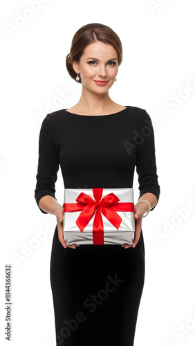 Elegant Woman in Black Dress Holding a White Gift Box with a Red Ribbon