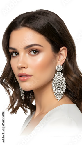 Beautiful woman modeling exquisite ornate silver earrings, embodying grace and luxury with a captivating gaze on a pure white background