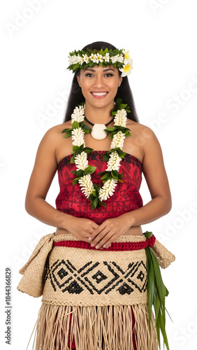 Beautiful Polynesian Woman in Traditional Attire with Flower Lei and Hula Skirt