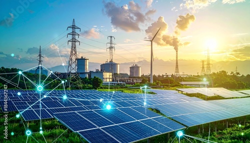 Hybrid energy landscape with solar and industrial elements.