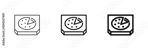 Vector icon of pizza box with a sliced pizza. Thin, regular, and bold outline styles. Web design and mobile apps element, ideal for menus, delivery services, packaging, ui ux. Isolated on white