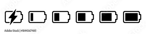 Battery level indicator icons in a set showing charging status and power level from empty to full energy capacity