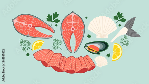 Delicious Assorted Seafood Variety with Fresh Lemon and Herbs Illustration