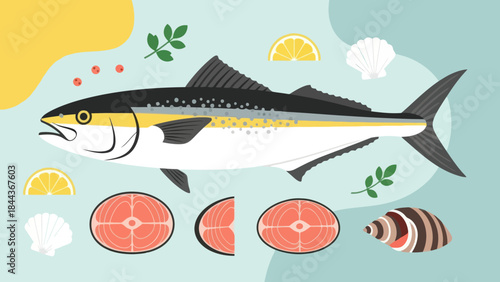 Vibrant illustration of seafood with fresh fish shrimp and lemon slices