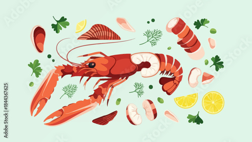 Colorful Lobster Illustration with Fresh Seafood and Garnishes