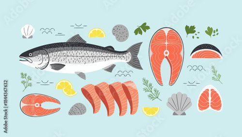 Fresh Seafood Assortment with Fish Salmon Scallops and Shellfish on a Light