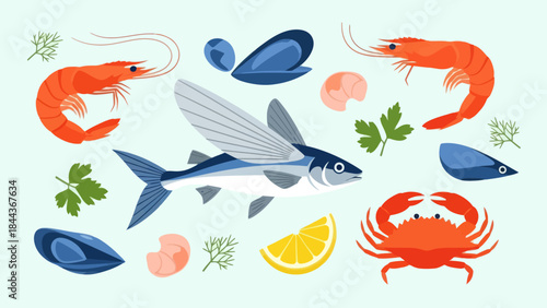 Diverse Marine Life Illustration Showcasing Crustaceans, Fish, and Shells