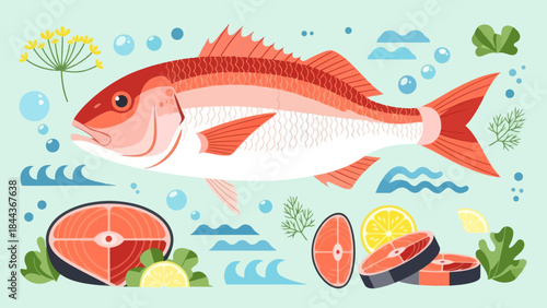 Colorful aquatic fish surrounded by fresh seafood and greenery in an
