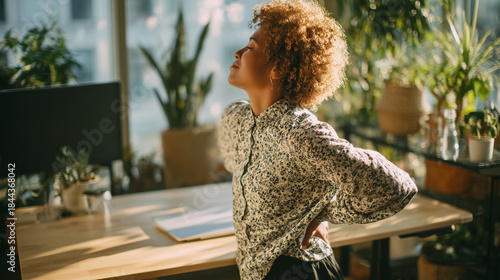 Black nonbinary professional doing a torso stretch next to a standing desk. Inclusive workplace wellness moment with natural light. Nonbinary man stretching at desk in office, wellbeing at work.