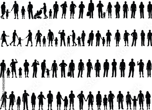 Diverse large vector set of standing and walking family silhouettes, men, women, and children with different casual poses, isolated on white background, group collection.