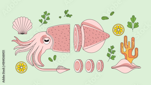 Creative Illustration of an Octopus-Shaped Sliced Meat with Vegetation and Sea
