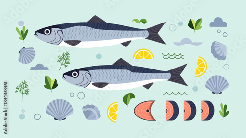 Stylized illustration of two freshwater fish with surrounding marine elements