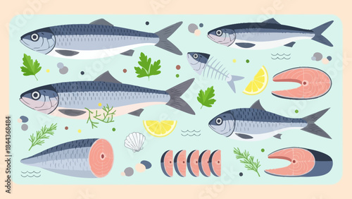 Illustration of Fresh Seafood and Herbs with Lemon Slices in a Coastal Setting