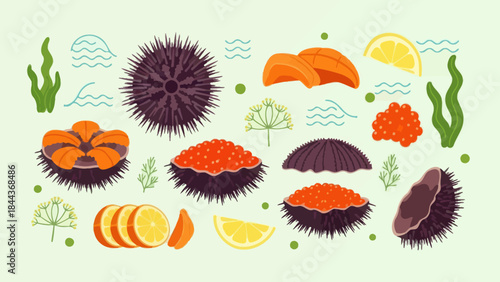 Vibrant Assortment of Sea Urchins and Seafood with Citrus Garnishes