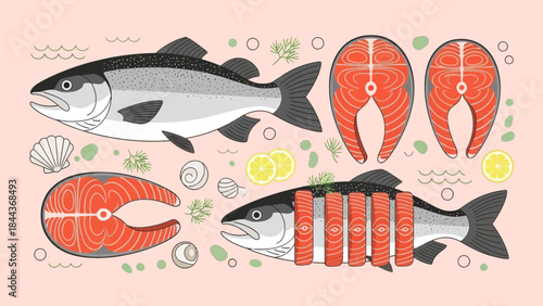 Artistic illustration of five salmon fillets and fresh fish on pastel pink