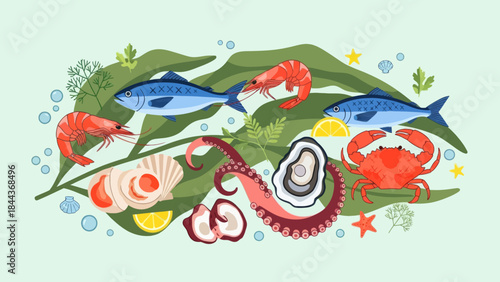 Fresh Seafood Assortment with Crustaceans Shellfish and Fish on Underwater