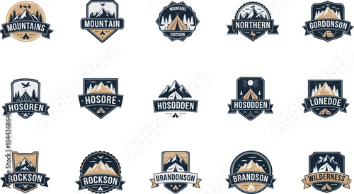 Large vector collection of outdoor mountain, camping, and adventure logos, badges, and emblems, featuring tents, forests, and retro vintage typography, set design.