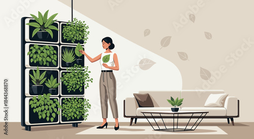 Serene interior with vertical garden and woman cultivating peaceful botanical ambiance