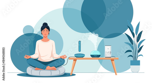 Serene meditation session with technology assisting relaxation and creating peaceful ambiance