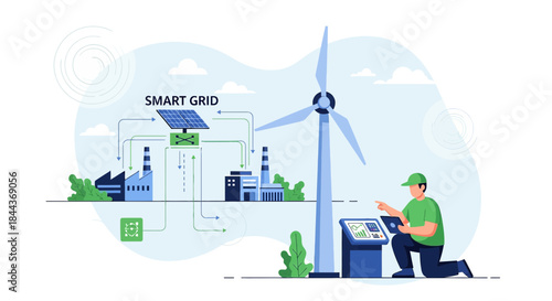Smart grid technician monitoring renewable energy sources for sustainable power solutions