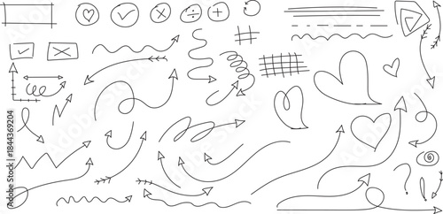 Black and white abstract line art with squiggles and symbols