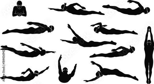 Black Silhouette Set of 12 Swimmers in Various Dynamic Poses, Showing Crawl, Butterfly, and Freestyle Strokes for Aquatic Sport and Fitness Graphics.
