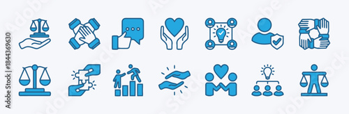 Blue Icons Symbolizing Teamwork, Support, and Collaboration Keywords: teamwork, collaboration, support, partnership, community, trust, fairness, justice, empathy, care, growth, success