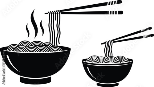 Black Silhouette Vector Illustration of Steaming Noodles in a Bowl with Chopsticks Lifting Them, Representing Asian Cuisine and Takeout Food.