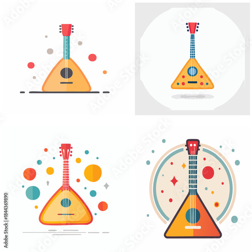 Download abstract illustrations of various balalaika stringed instruments in flat design style isolated on white background