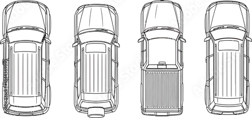 Top-Down View of Four Different Pickup Trucks Illustrations with Detailed Design Elements