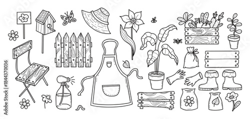 Garden Doodle Set. Outline Garden Tools, Gardening and Farming Hand-Drawn with Vegetable Box, Wooden Fence, Chair and Tools, and Flowers. Isolated black whimsical Vector illustration. Not AI