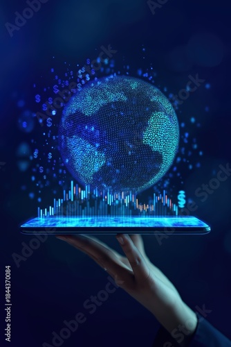 Global stock market data on tablet held by hand blue digital world globe with financial chart currency symbols technology concept dark background