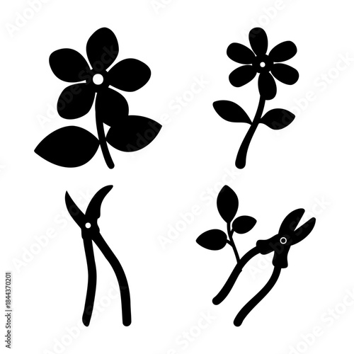 Floral garden elements and pruning shears vector icons pack