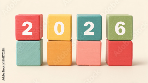 Colorful 3D Cubes Forming 2026 Isolated on Light Background, New Year Celebration Concept, Minimal Festive Design with Copy Space