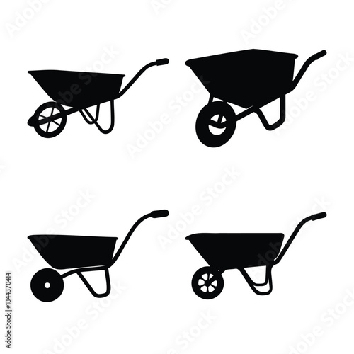 Four black wheelbarrow tool silhouettes for construction