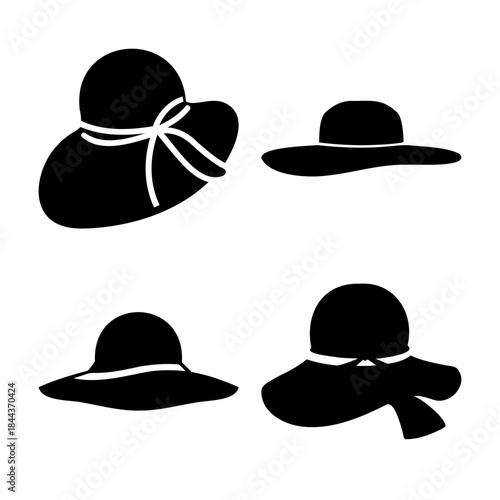 Collection of black wide-brimmed summer hats silhouettes