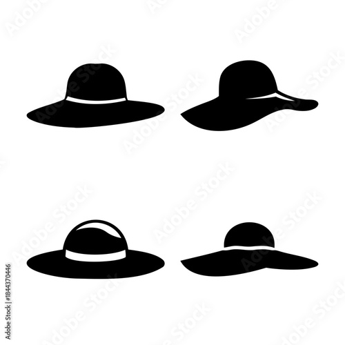 Different black wide-brimmed sun hat silhouettes and icons