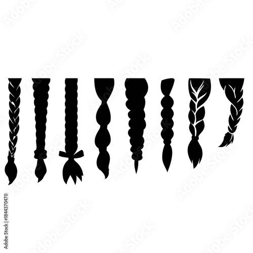 Braid set with hairstyle beauty female fashion plait curly style elegant girl ponytail trendy black silhouette vector