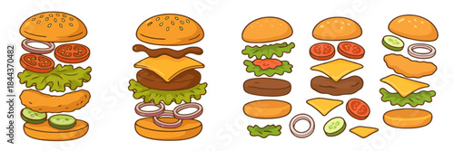 Burger ingredients laid out in layers hamburger food